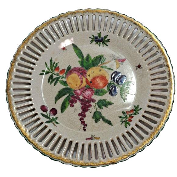 Vtg United Wilson 1897 Hand Painted Decorative 10 Inch Plate Pierced Rim Fruit - Picture 1 of 10